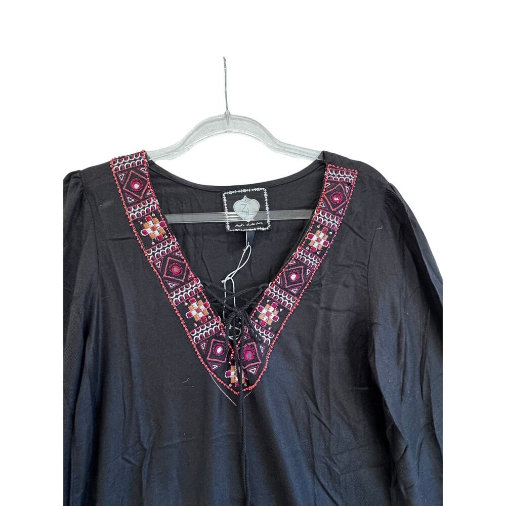 ZL Europe Black Boho Embroidered Tassel Tunic Top Fringe V Neck Size L beach - Picture 7 of 7